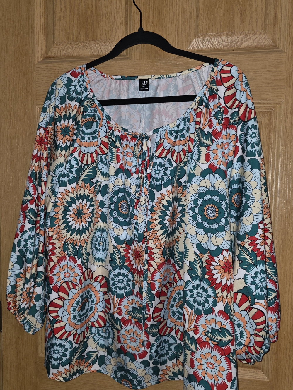 SHEIN Floral Peasant Top - Teal, Coral & Cream